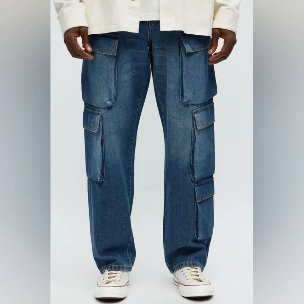 Men's 🎁 Straight Roo Dark Wash Cargo Jeans Fashion Nova